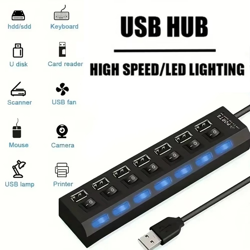 Desk Setup Hub - 7 Port USB 2.0 Hub Splitter