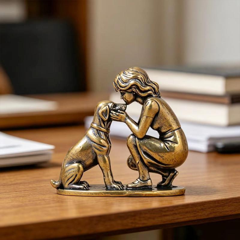 Desk Setup Retro - Brass Girl Dog Figure Home Desk